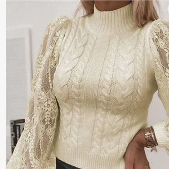 New Long Lace Sleeve Pullover Knit Sweater Top In Beige - Picture 3 of 6
